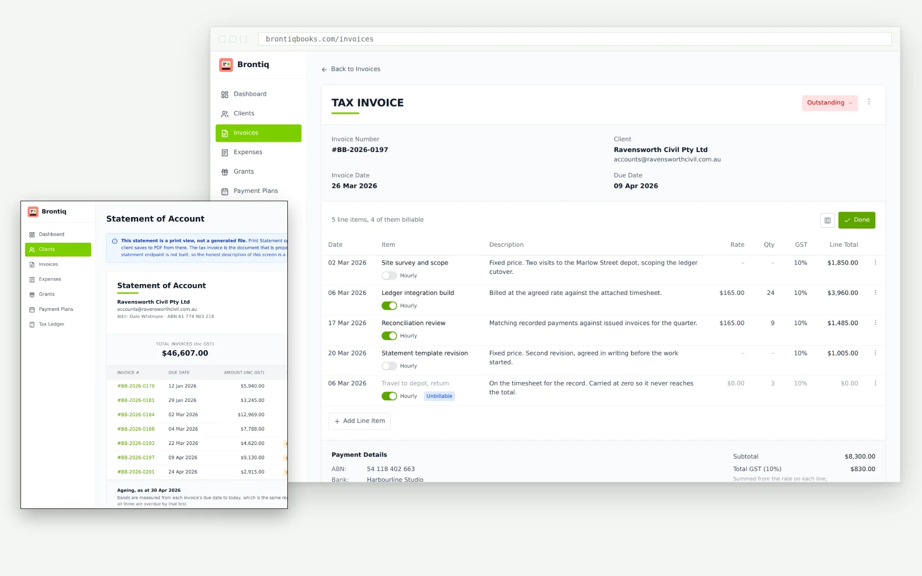 Brontiq Books: the invoice editor in a browser with the client statement in situ, showing per line GST and an unbillable line carried at zero