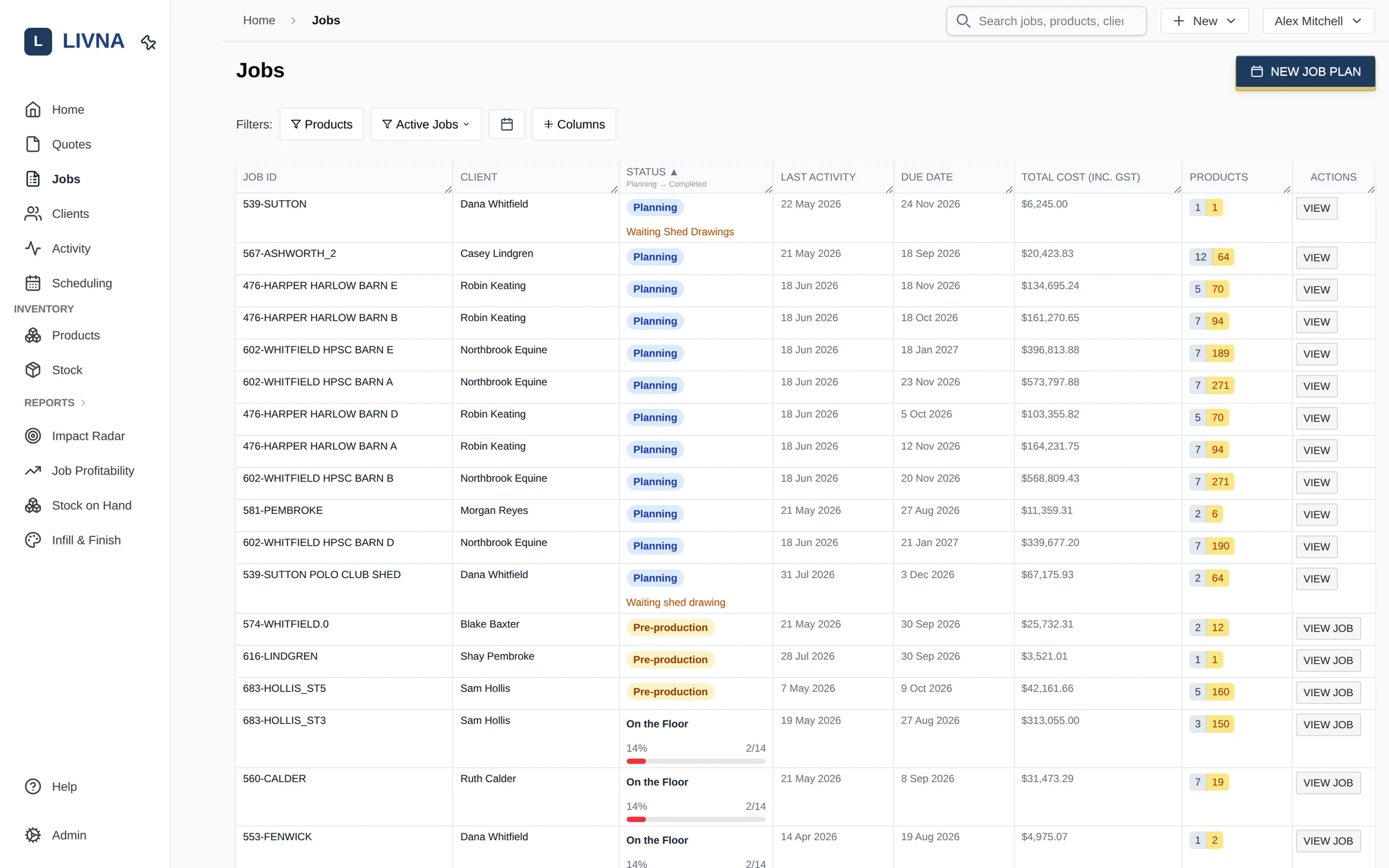 Livna jobs board with workflow progress, due dates, and status filters