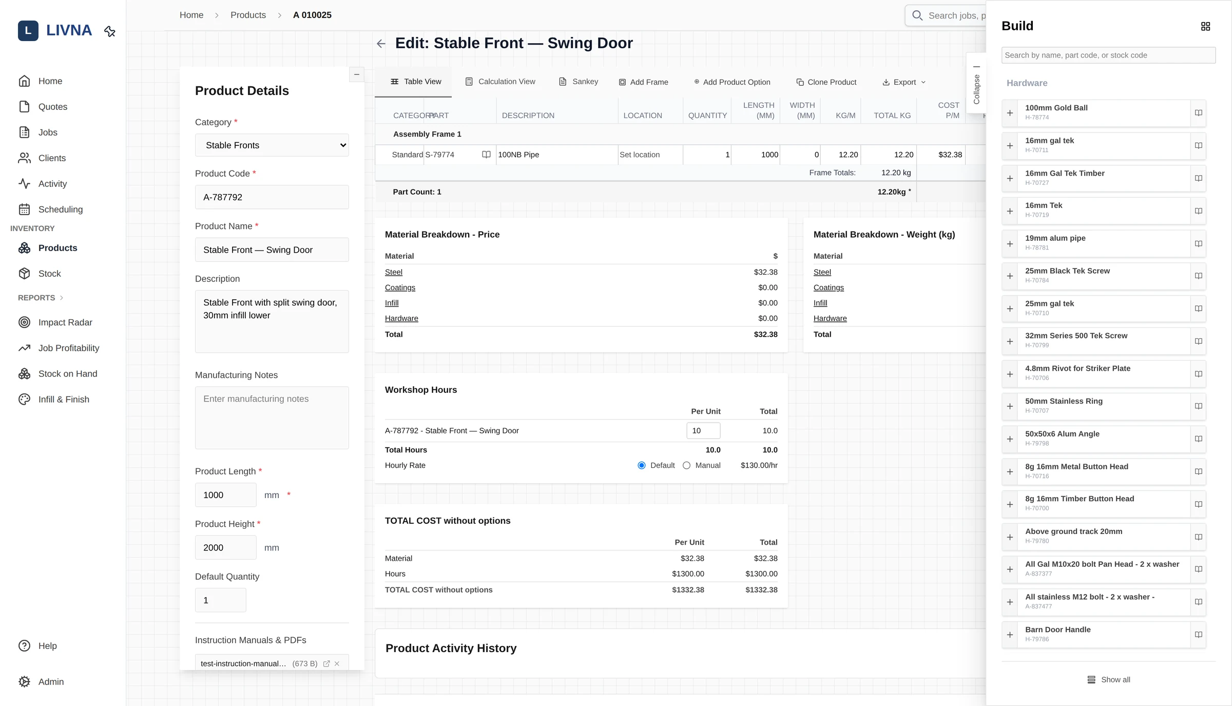 Livna product builder editing a stable front: assembly frames, material breakdown by category, workshop hours, and the searchable parts palette