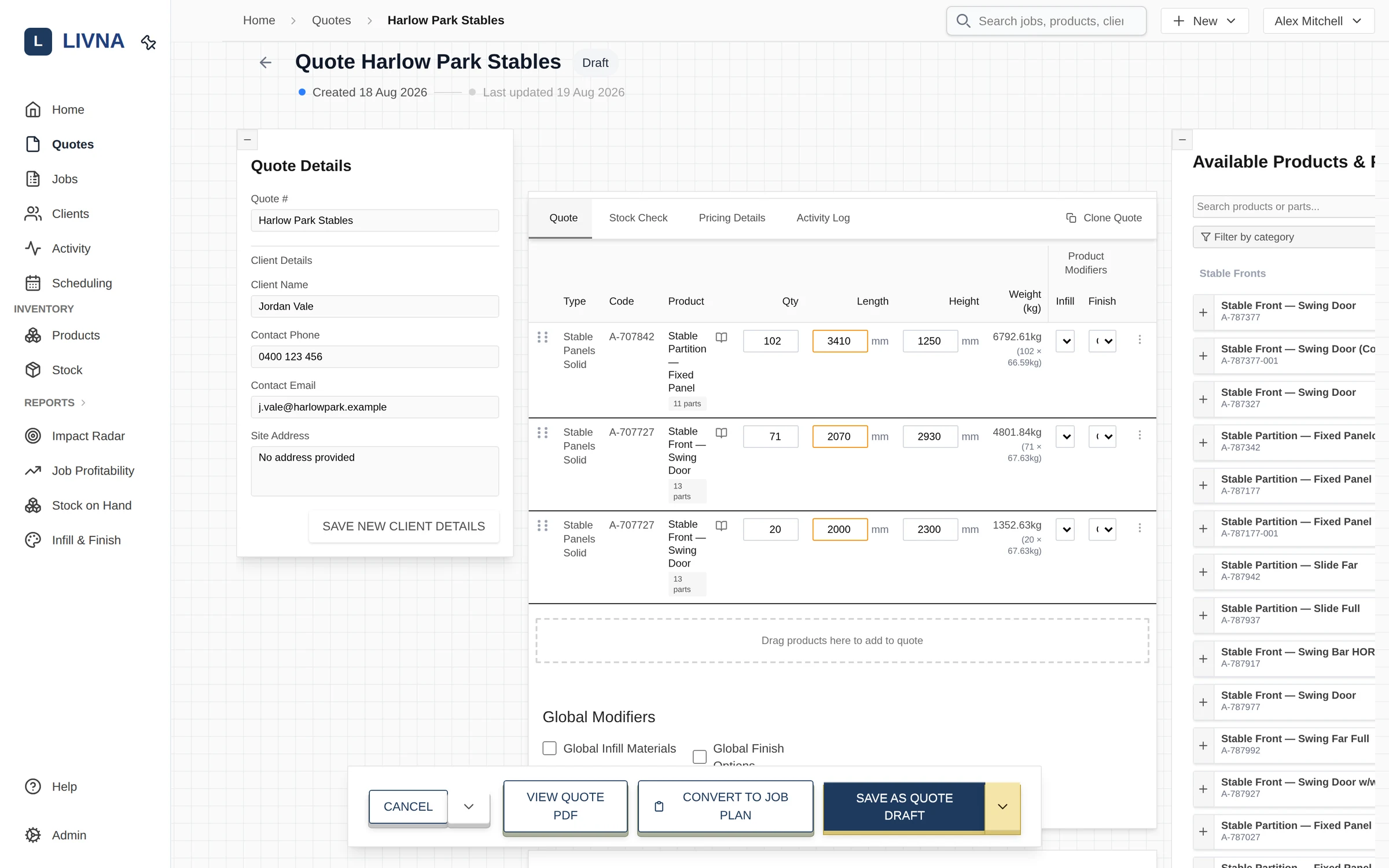 Livna quote editor with per-line dimensions, weights, infill and finish modifiers, and quote actions