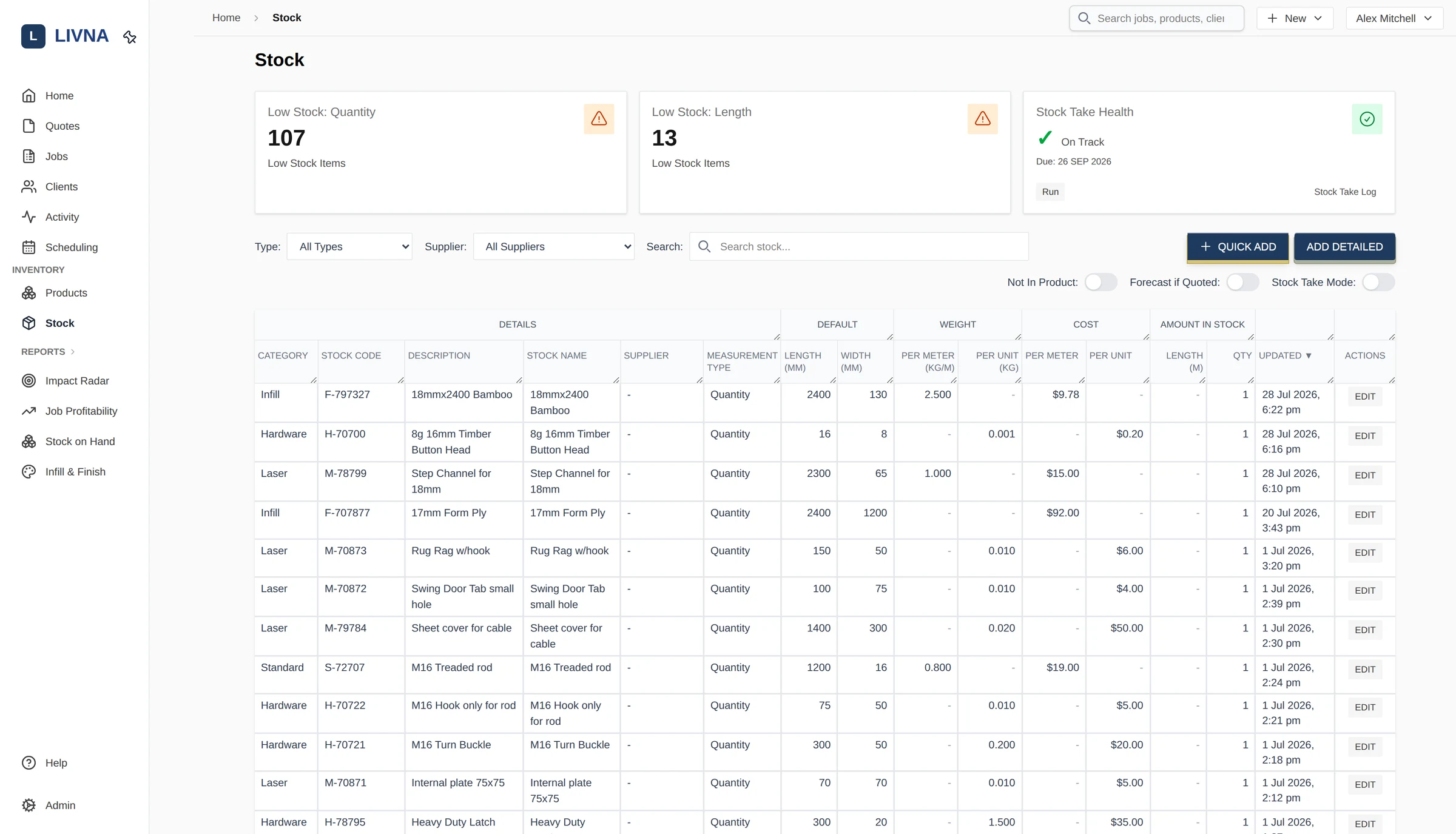 Livna stock ledger with measurement types, default dimensions, per-metre and per-unit costs, and low stock alerts