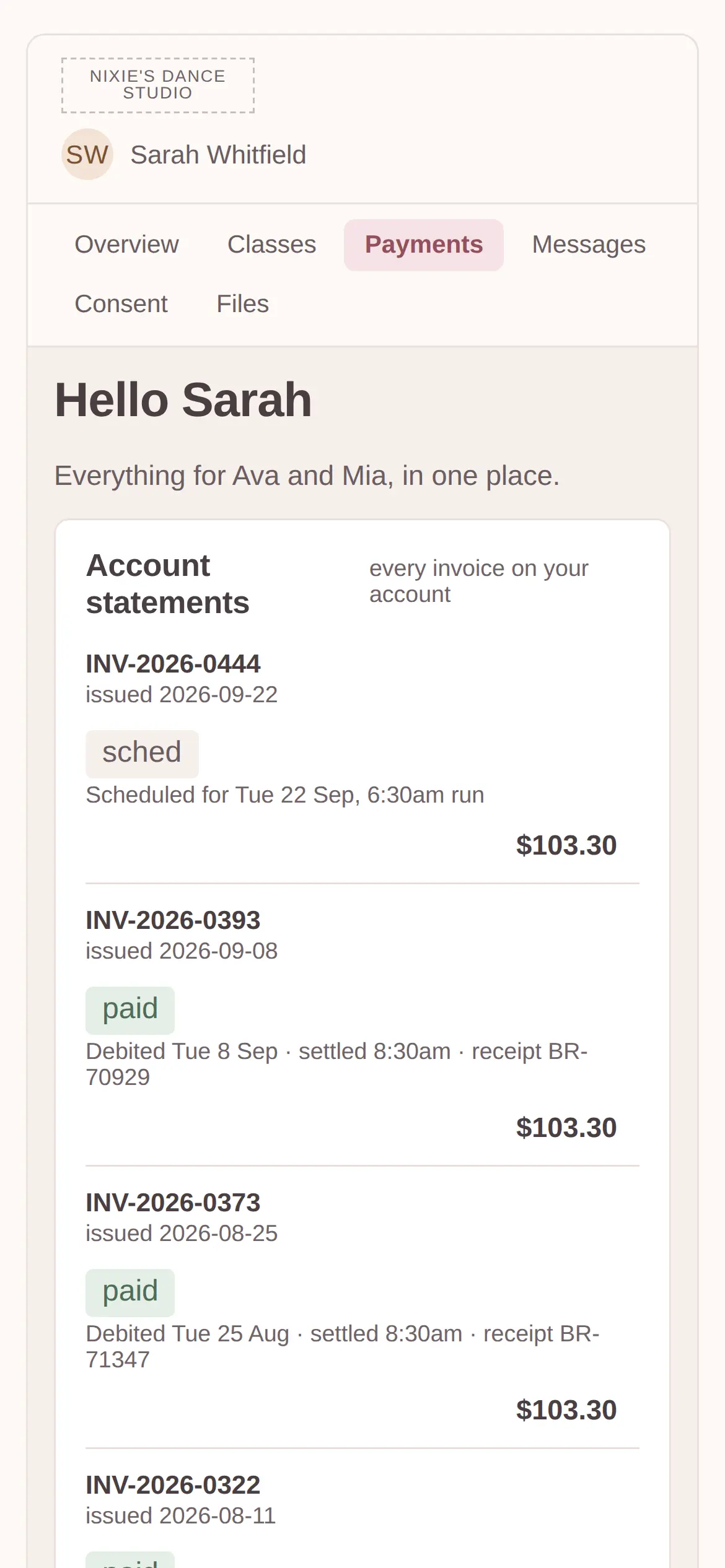 Account statements on a phone: invoices of $103.30 marked scheduled or paid by direct debit with settlement times and receipt numbers, and the original term invoice converted to eight instalments.