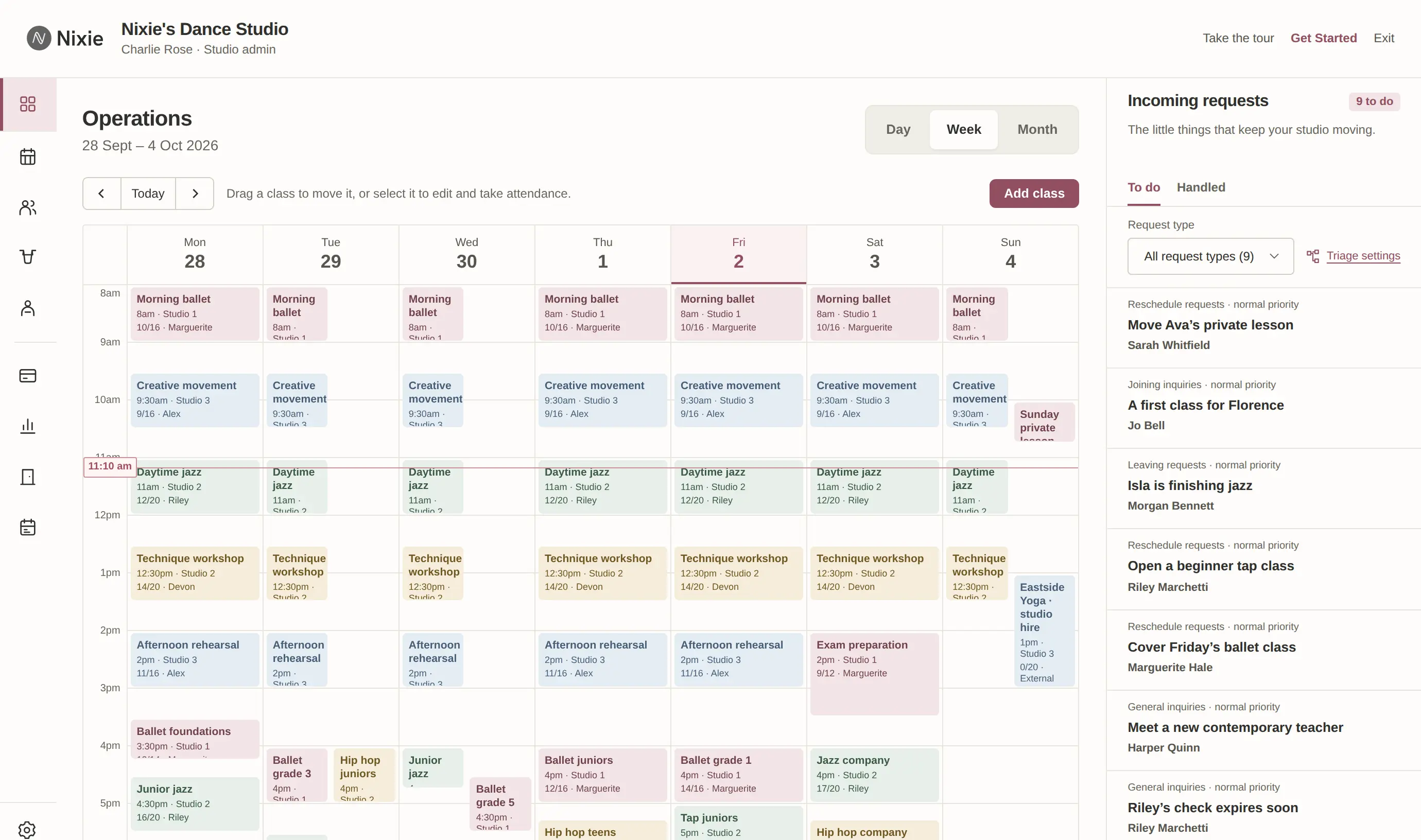 Nixie Operations screen showing a week timetable from Monday 28 September to Sunday 4 October, with ballet, contemporary, jazz and hip hop classes in their rooms and places taken, a red line at the current time, and an Incoming requests panel with nine to do, including moving a private lesson and a first class for a new dancer.