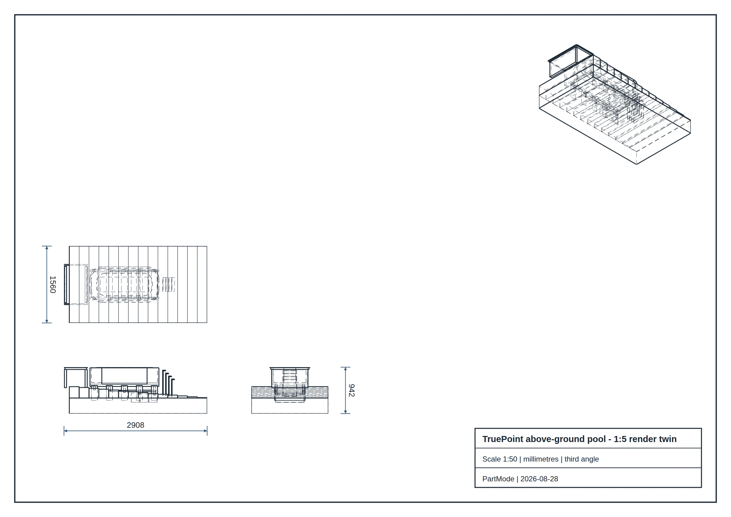 Third-angle hidden-line drawing sheet of the above-ground pool: plan, front elevation, end elevation and isometric, with dimensions and a title block