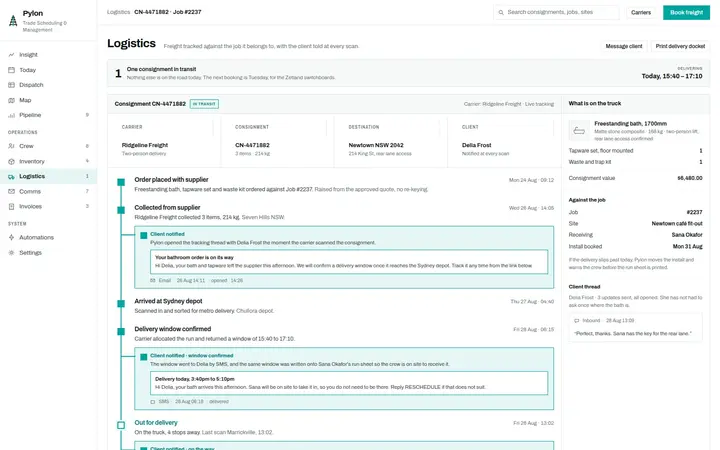 Pylon logistics screen