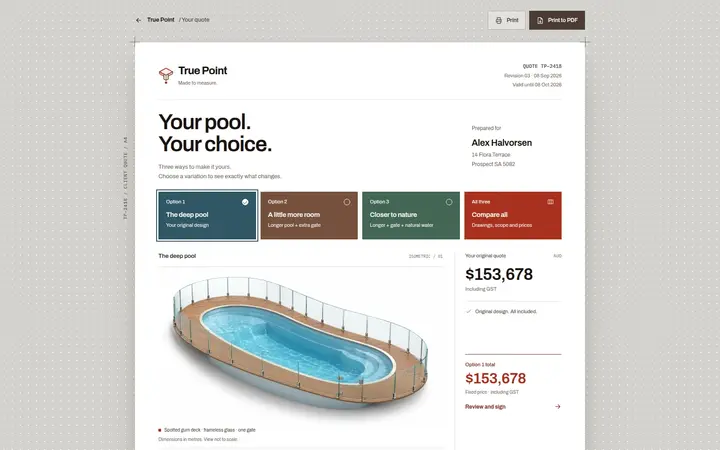True Point quote with the pool render, options and itemised price