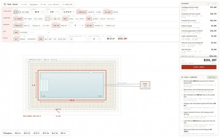 True Point pool configurator with the plan, options and estimate