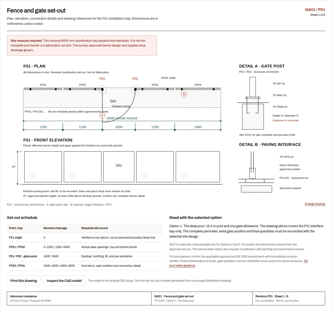 True Point installation sheet GA01 with a dimensioned fence and gate plan, elevation, post and paving connection details, set-out schedule and revision block.